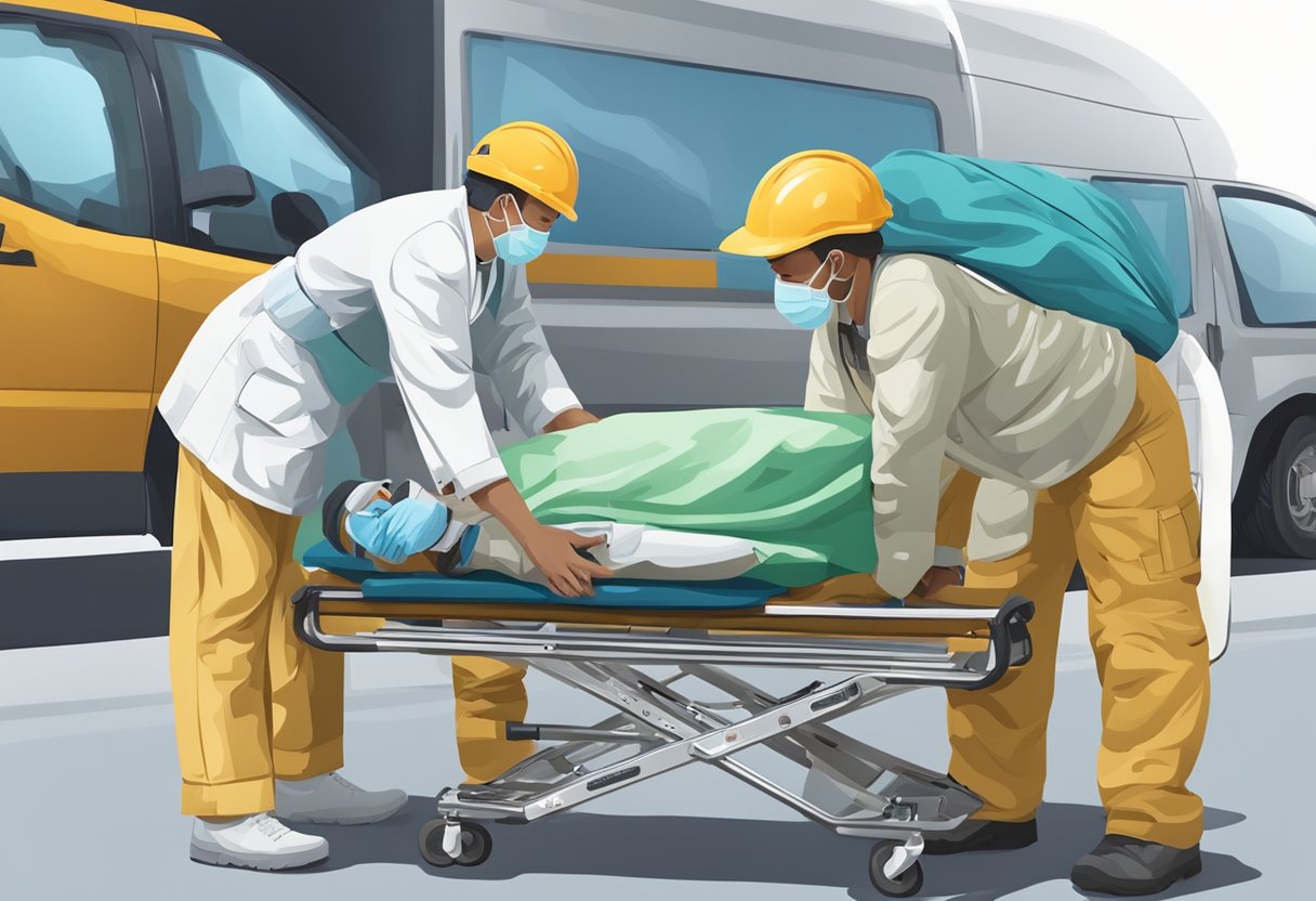 Um profissional de saúde prepara um paciente particular para transporte, reunindo equipamentos e fixando a maca.