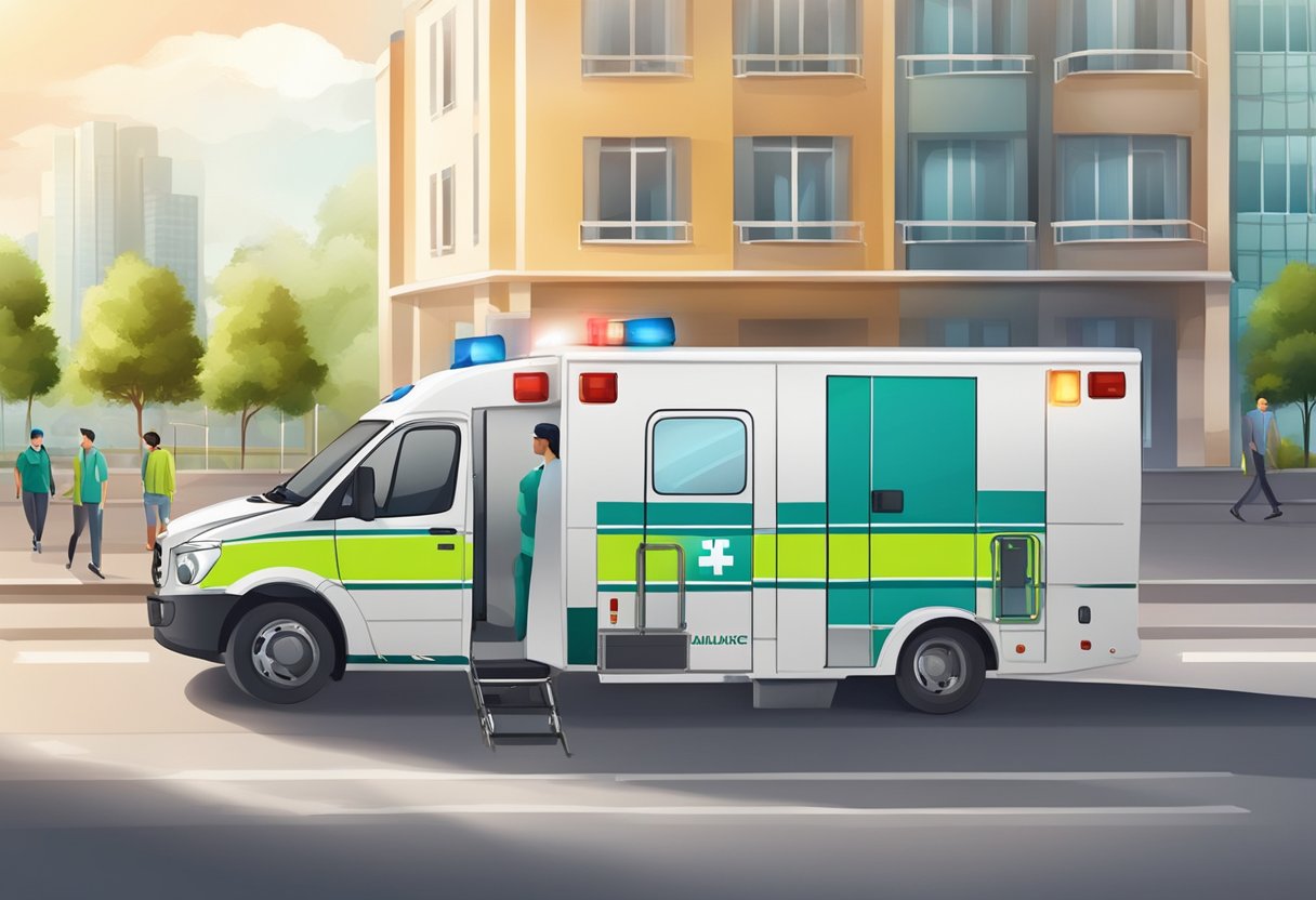 Uma ambulância particular transportando um paciente com equipe médica a bordo