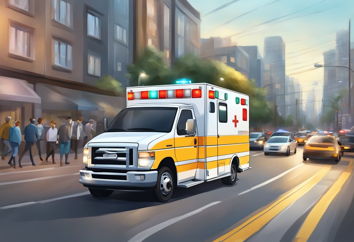 Uma ambulância particular navega cuidadosamente pelo trânsito, suas luzes piscando enquanto transporta um paciente para seu destino.
