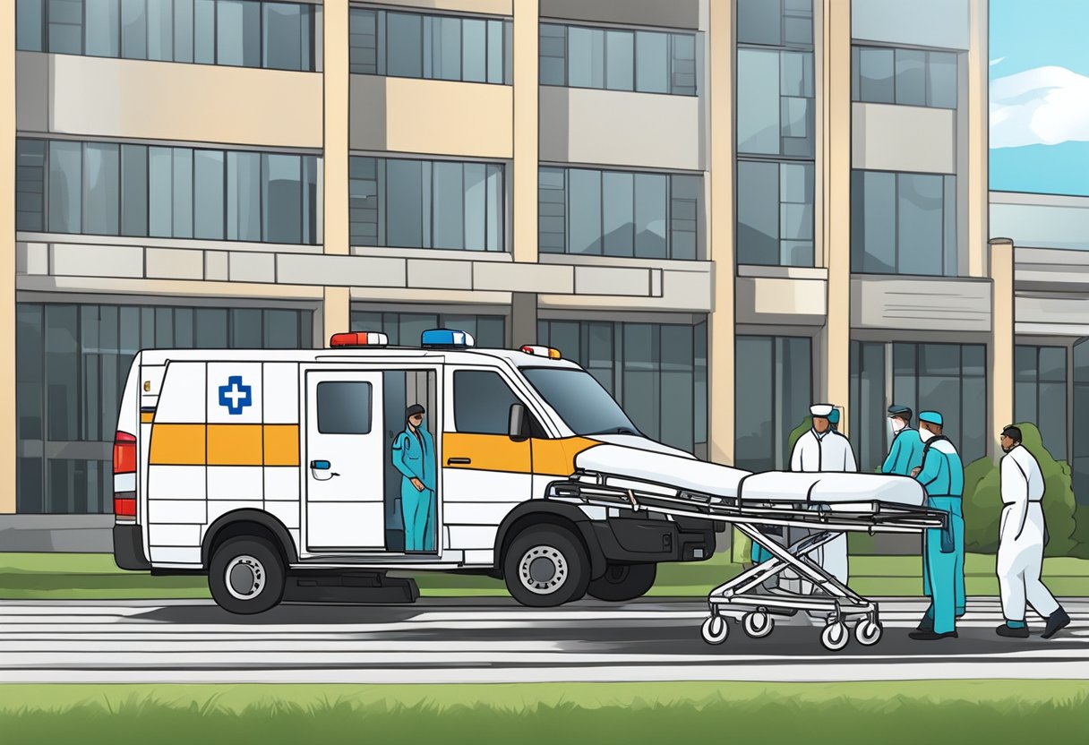 Uma ambulância particular estacionada em frente a um hospital, com pessoal médico carregando uma maca no veículo.