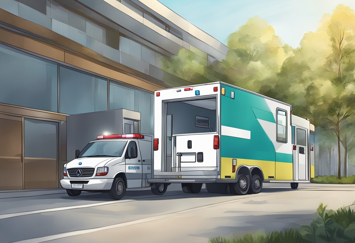 Uma ambulância privada chegando na entrada de um hospital
