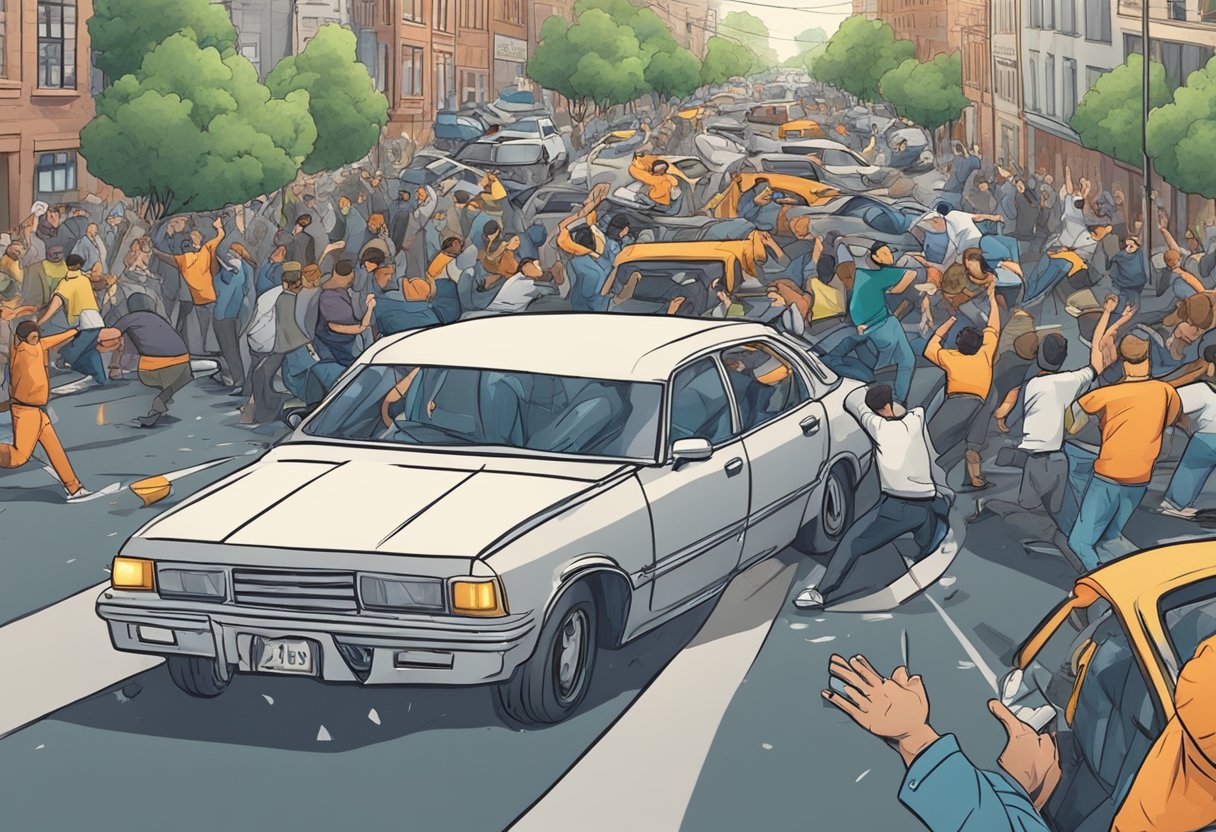 Uma pessoa acenando freneticamente por ajuda enquanto um acidente de carro acontece em uma rua movimentada