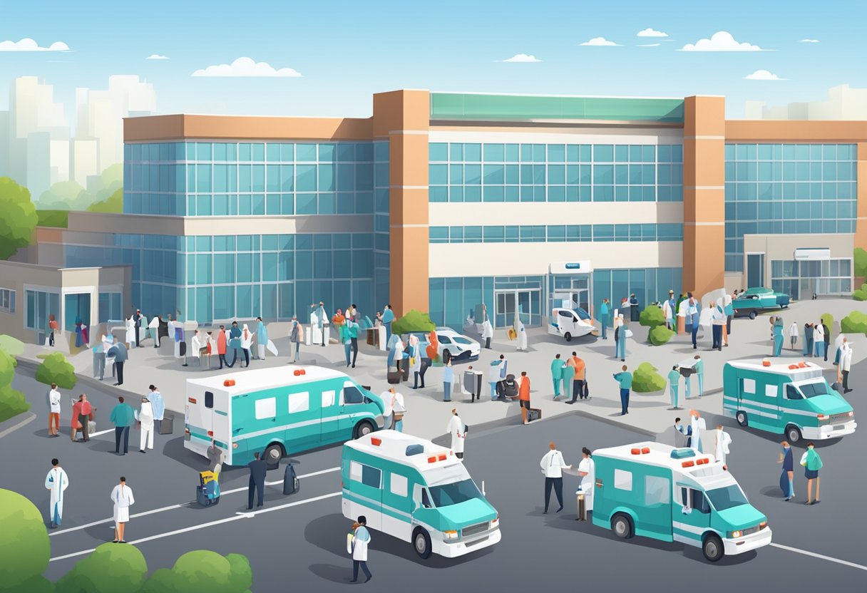 Uma movimentada instalação privada de emergência médica com equipe médica, pacientes e ambulâncias do lado de fora.