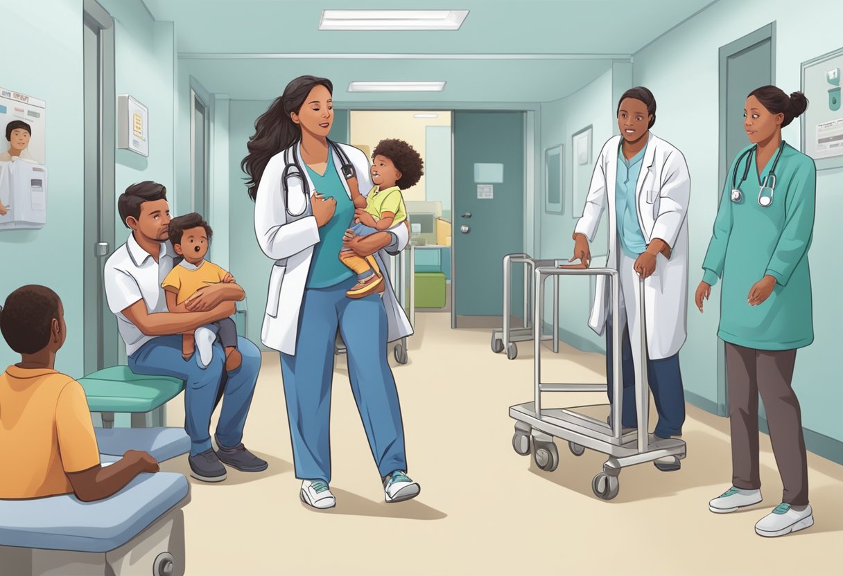 Uma criança sendo levada rapidamente para uma sala de emergência pediátrica privada, com pais preocupados e equipe médica ao fundo.
