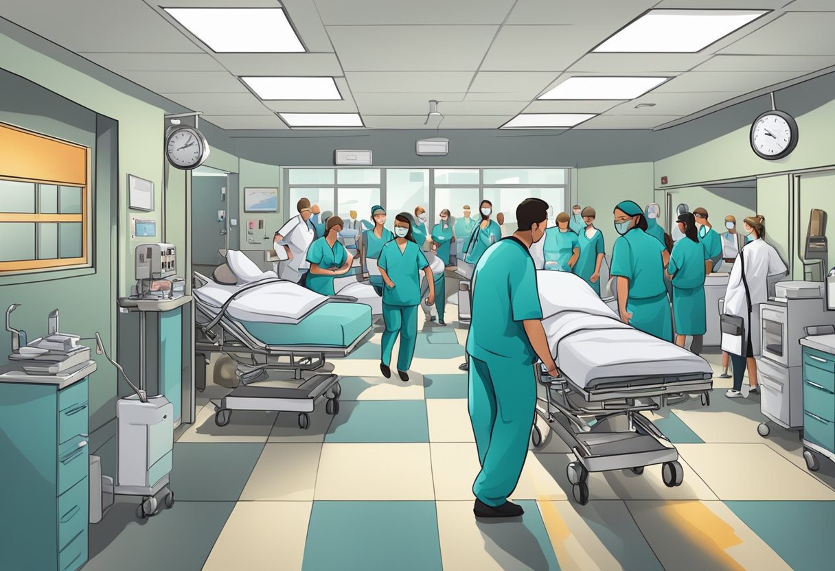 Uma sala de emergência caótica com equipamentos médicos e funcionários correndo para atender a um paciente crítico
