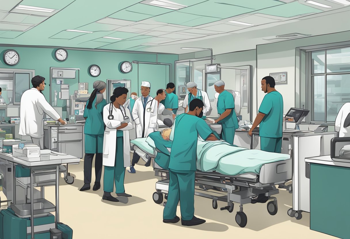 Uma sala de emergência de hospital movimentada, com profissionais de saúde atendendo pacientes em vários estados de aflição.