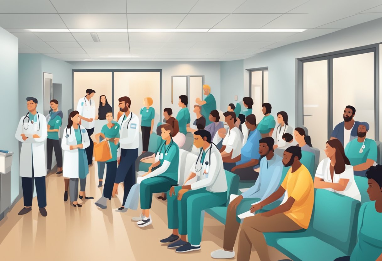 Uma sala de espera lotada com pessoas buscando atendimento médico urgente, enquanto paramédicos e enfermeiros atendem pacientes em uma sala de emergência movimentada.
