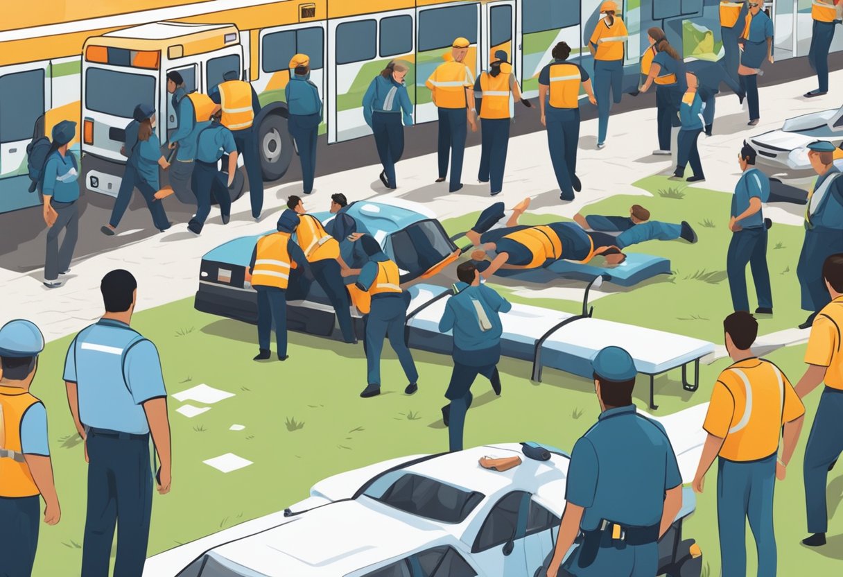 Uma pessoa deitada no chão, cercada por transeuntes preocupados e uma equipe de paramédicos apressando-se para fornecer atendimento médico de emergência.