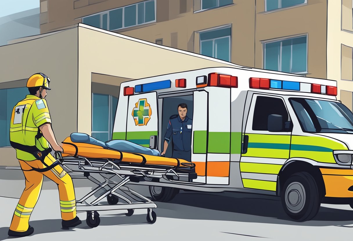 Um paramédico correndo com uma maca em direção a uma ambulância do lado de fora de um hospital, com luzes piscando e um senso de urgência