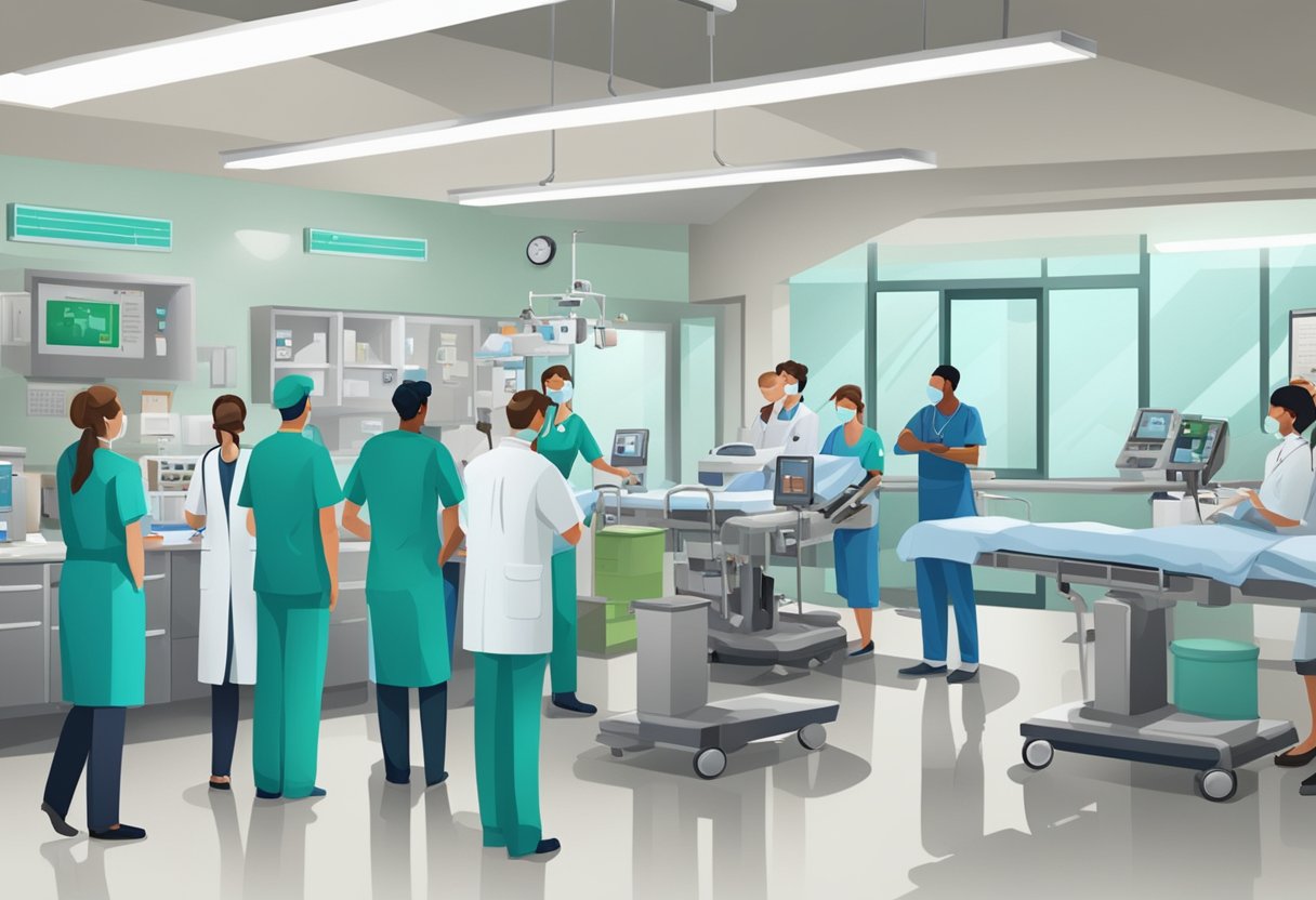Uma sala de emergência movimentada com equipamentos médicos e equipe atendendo pacientes