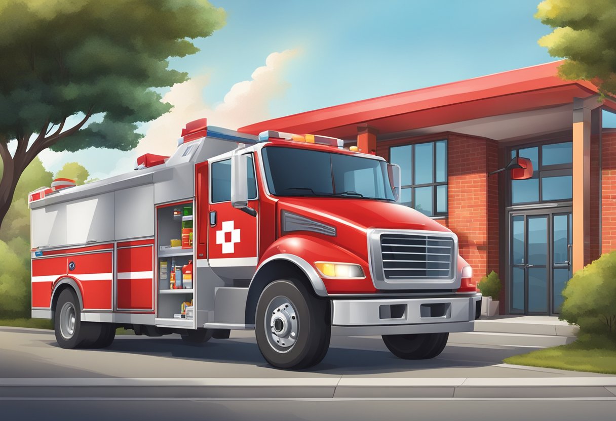 Uma sirene de emergência vermelha piscando acima de um prédio escolar com um grande kit de primeiros socorros e um extintor de incêndio próximo.