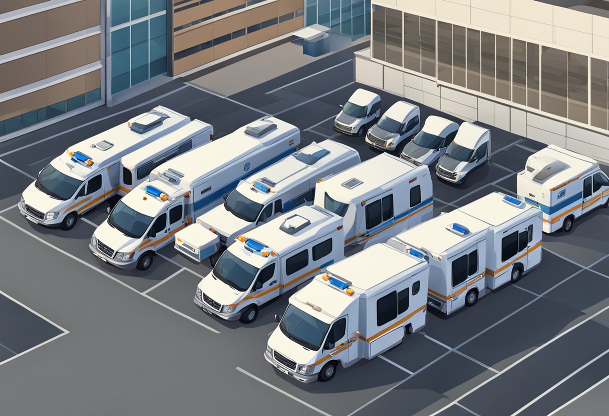 Remoção Particular: Como Escolher o Serviço Ideal para Sua Necessidade 1 Uma frota de ambulâncias particulares estacionada do lado de fora de uma instalação médica, pronta para o transporte de pacientes.