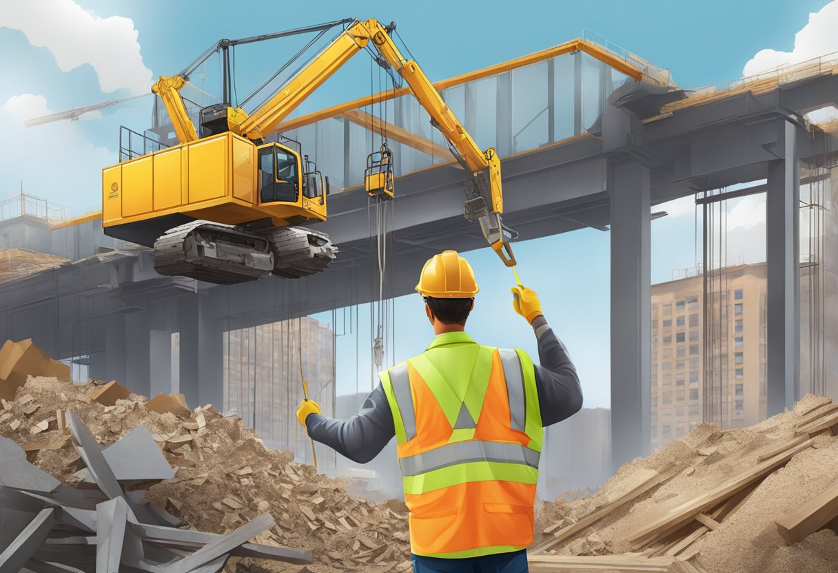 Remoção Particular: Como Escolher o Serviço Ideal para Sua Necessidade 3 Uma pessoa em um colete de segurança direcionando um guindaste para remover destroços de um canteiro de obras