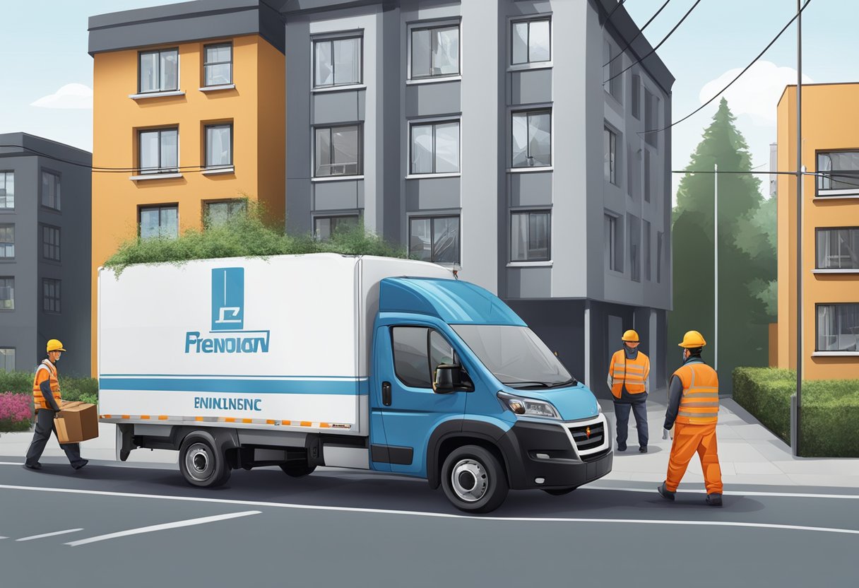 Remoção Particular: Como Escolher o Serviço Ideal para Sua Necessidade 4 Um veículo de serviço de remoção profissional estacionado em frente a um edifício residencial, com trabalhadores carregando equipamentos e vestindo uniformes.