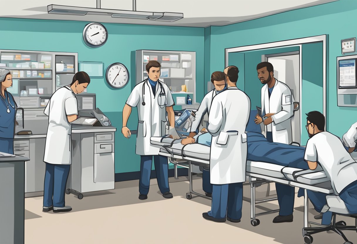 Uma sala de emergência movimentada com profissionais de saúde atendendo pacientes em vários estados de aflição