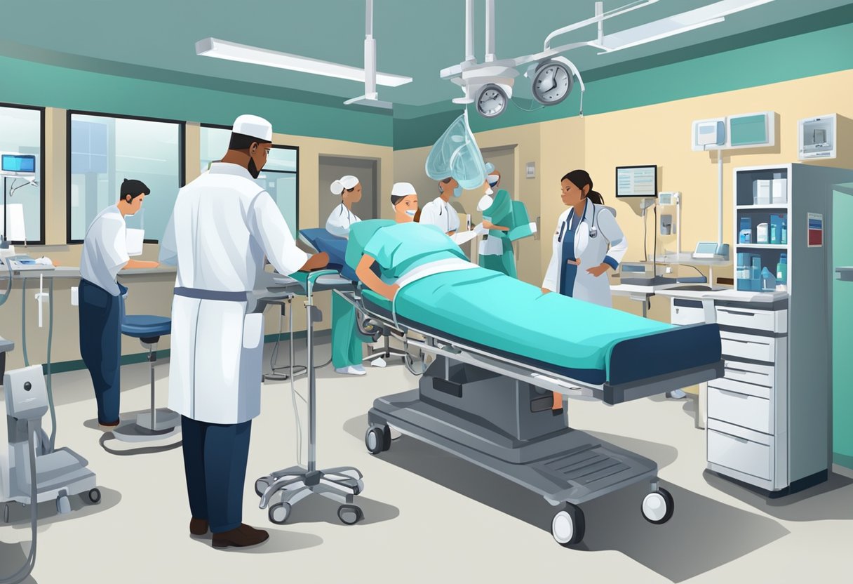 Uma sala de emergência movimentada com equipamentos médicos e funcionários atendendo a um paciente