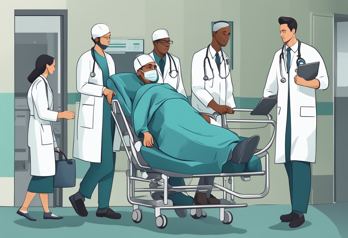 Uma equipe médica correndo para atender a um paciente em uma sala de emergência