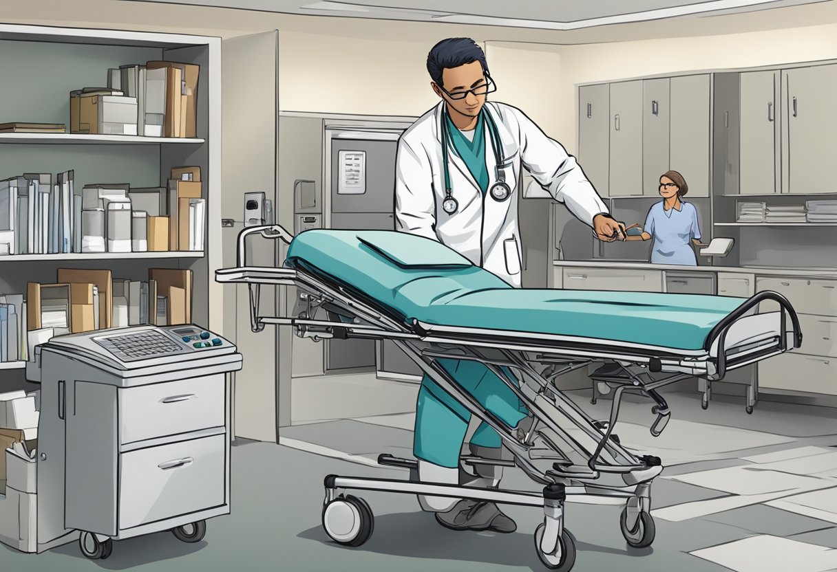 Um profissional de saúde apressando-se para ajudar um paciente em necessidade urgente, com equipamentos e suprimentos médicos à mão.