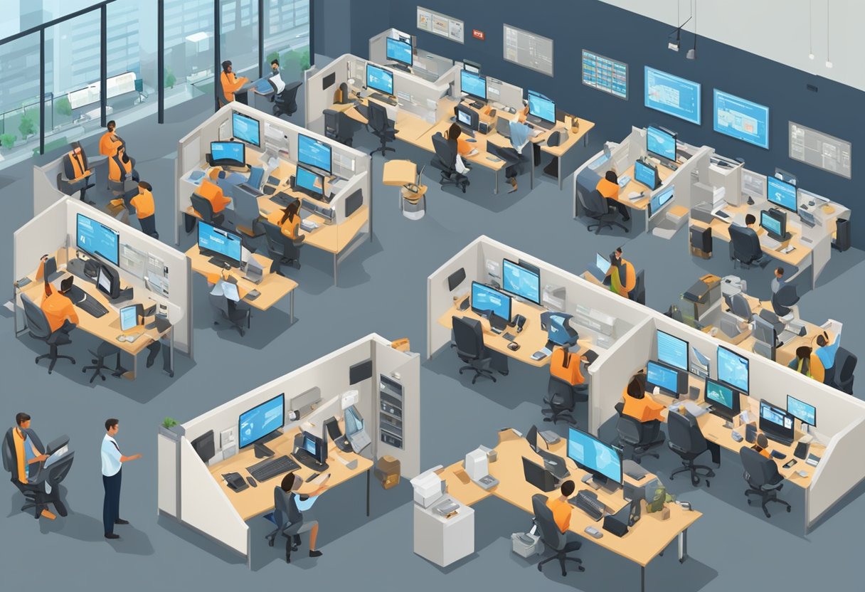 Um centro de resposta a emergências movimentado, com operadores em suas estações, despachando veículos e coordenando cuidados urgentes.