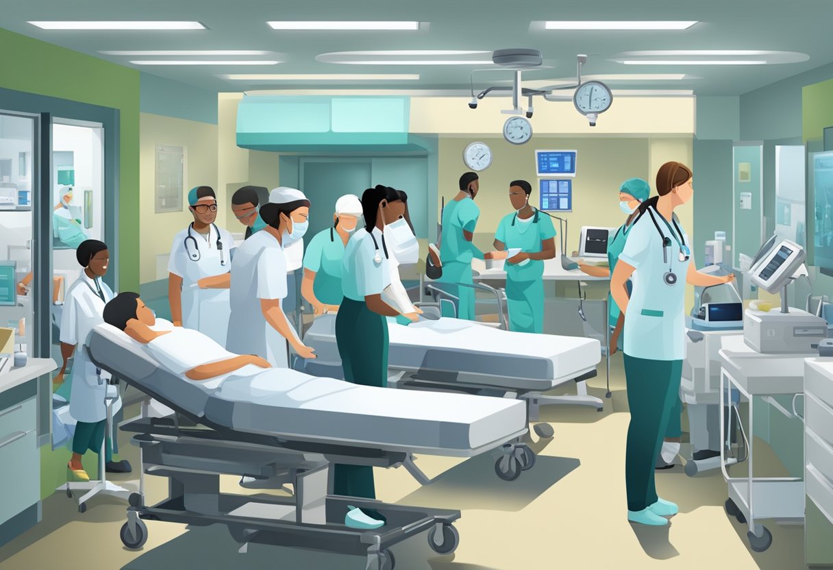 Uma sala de emergência movimentada com equipamentos médicos e funcionários atendendo pacientes