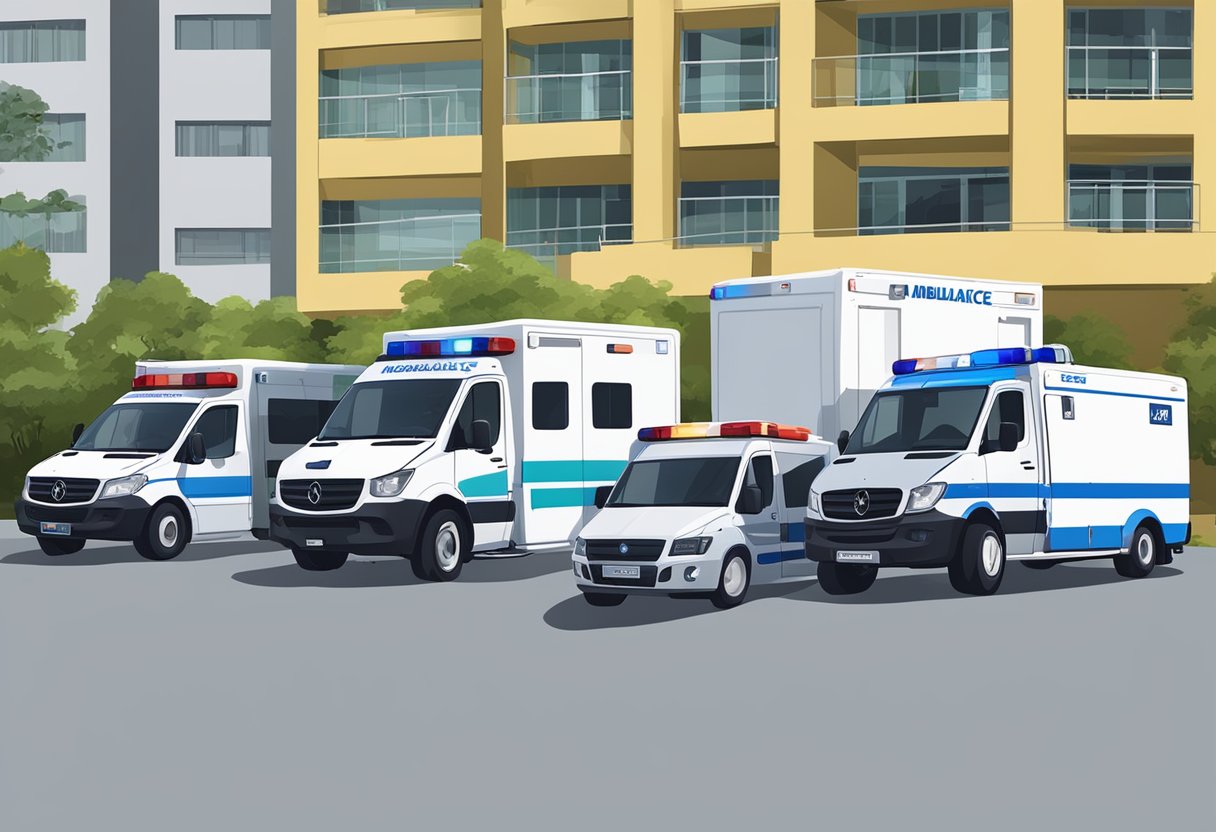 Uma variedade de ambulâncias estacionadas do lado de fora de uma unidade médica em Curitiba, incluindo ambulâncias particulares para aluguel.