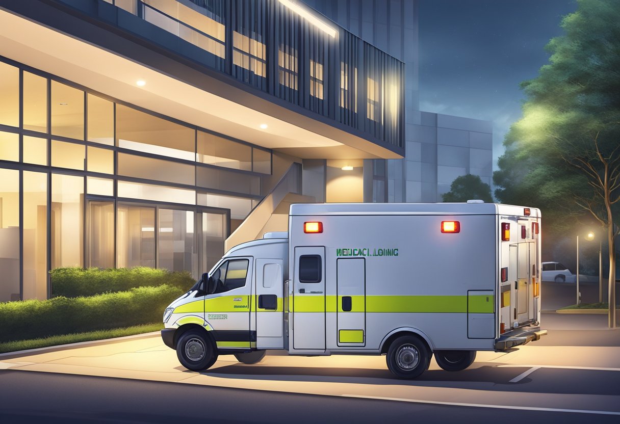 Uma ambulância particular estacionada em frente a uma unidade médica em Curitiba, com as luzes de emergência piscando.