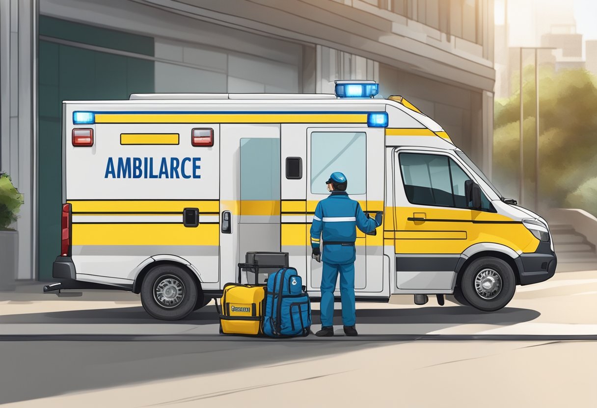 Uma ambulância particular em Curitiba, Brasil, com equipamentos médicos e um paramédico pronto para atendimento de emergência