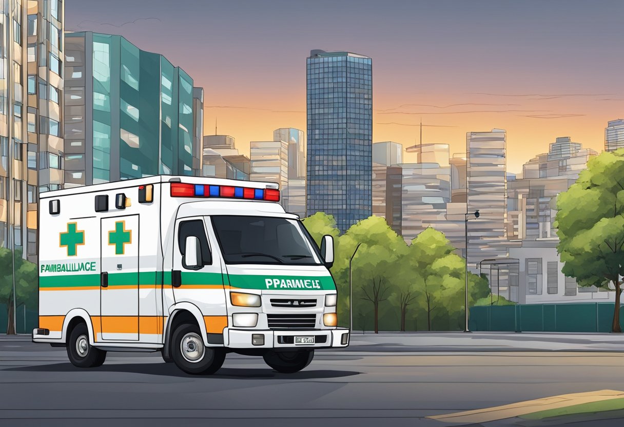 Uma ambulância estacionada do lado de fora de um prédio em Curitiba, com um paramédico ao lado e o horizonte da cidade ao fundo.