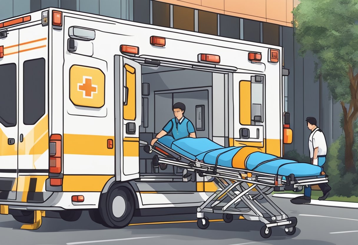 Uma ambulância particular estacionada do lado de fora de uma unidade médica em Curitiba, com as luzes de emergência piscando e profissionais de saúde atendendo a um paciente em uma maca.