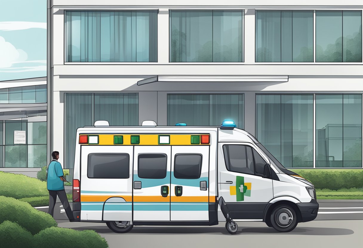 Uma ambulância particular estacionada do lado de fora de um hospital em Curitiba, com documentos financeiros e uma estimativa de custos sendo discutidos por duas pessoas.