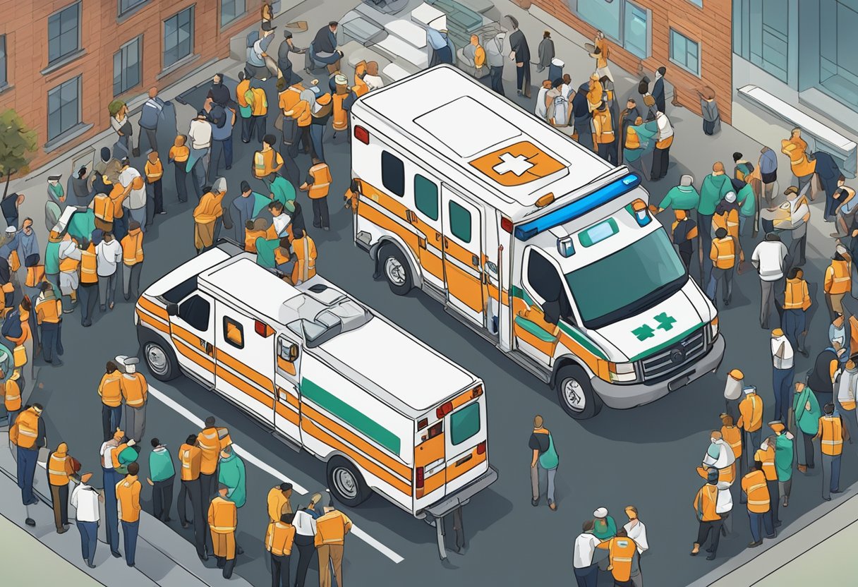 Ambulancia para Eventos Curitiba: Soluções Eficazes para Segurança em Festas e Shows 1 Uma ambulância estacionada do lado de fora de um evento lotado, com luzes de emergência piscando e paramédicos atendendo a um paciente em uma maca.