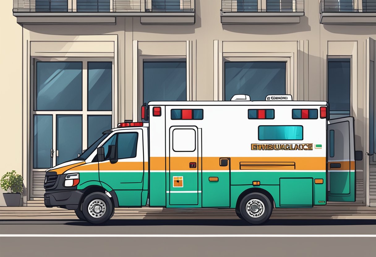 Ambulancia para Eventos Curitiba: Soluções Eficazes para Segurança em Festas e Shows 3 Uma ambulância estacionada do lado de fora de um local em Curitiba, com luzes de emergência piscando e equipamentos médicos visíveis através das janelas.