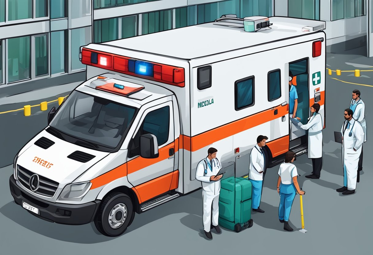 Ambulancia para Eventos Curitiba: Soluções Eficazes para Segurança em Festas e Shows 4 Uma ambulância estacionada do lado de fora de um evento médico em Curitiba, com uma equipe de profissionais de saúde e equipamentos prontos para fornecer atendimento de emergência.