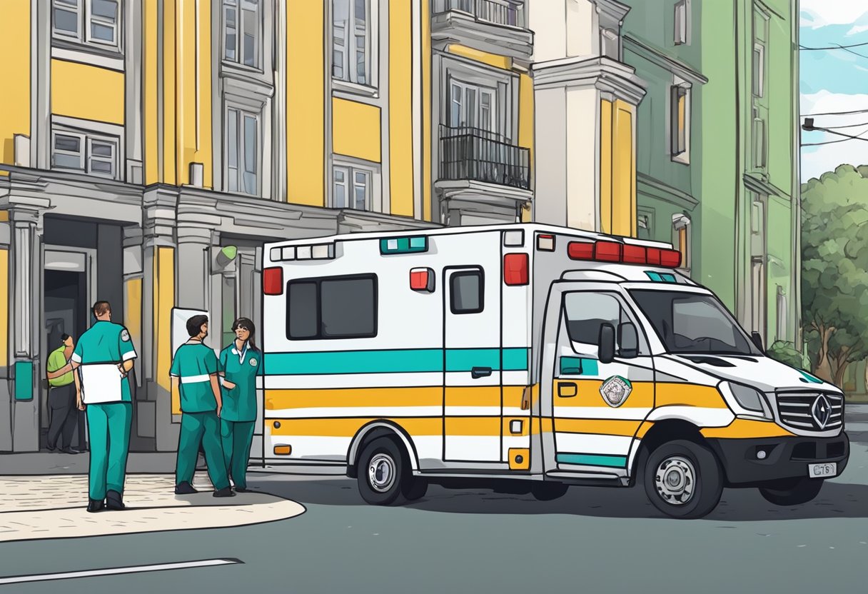 Ambulancia para Eventos Curitiba: Soluções Eficazes para Segurança em Festas e Shows 6 Uma ambulância estacionada do lado de fora de um local em Curitiba, com uma equipe médica atendendo a uma situação de emergência.