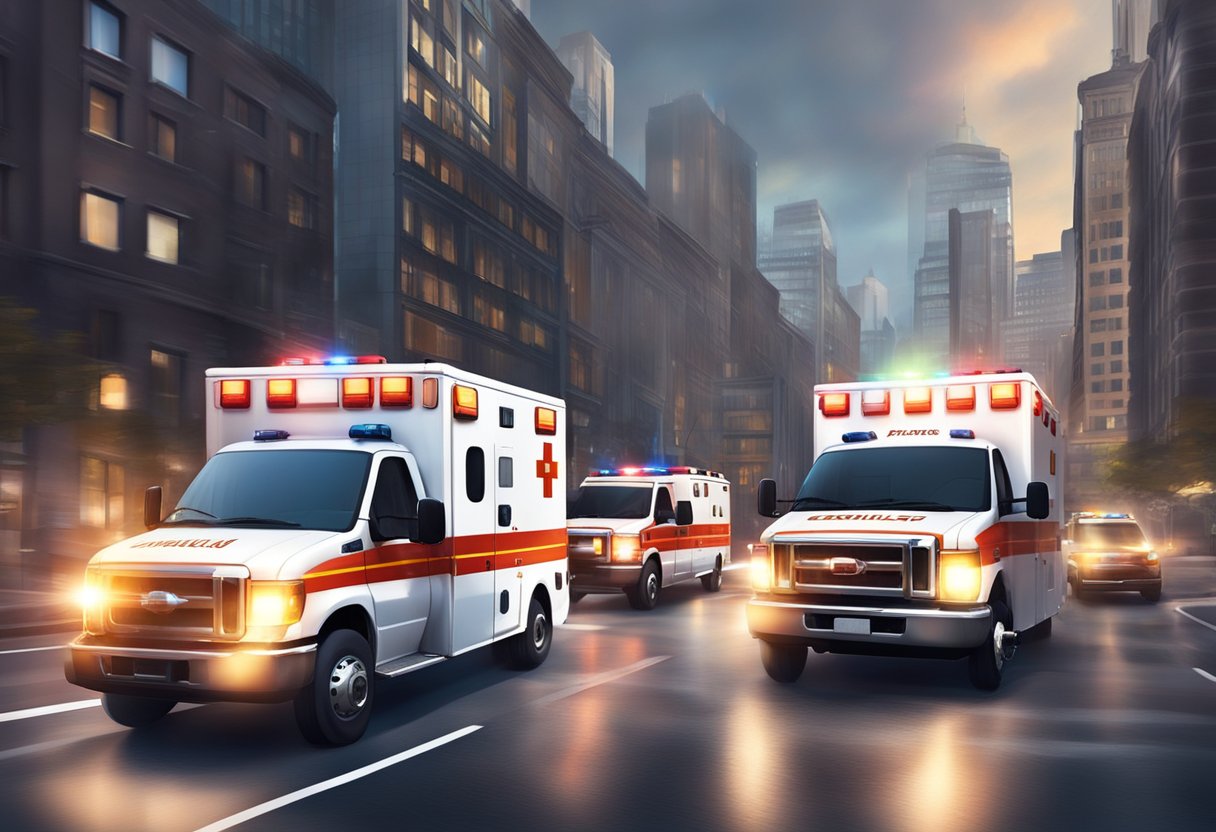 Empresas de Ambulância: Serviços Essenciais e Inovações no Setor 1 Uma frota de ambulâncias correndo pelas ruas da cidade com sirenes acionadas e luzes piscando