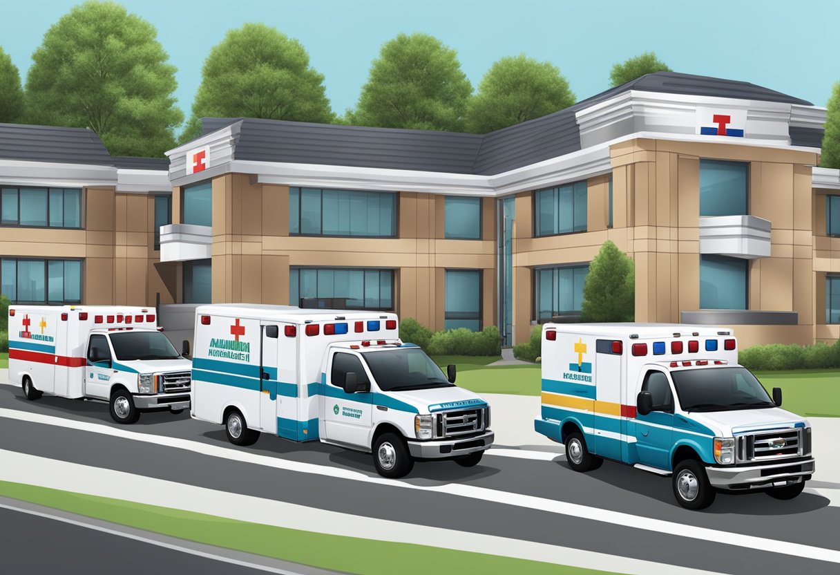 Empresas de Ambulância: Serviços Essenciais e Inovações no Setor 2 Uma frota de ambulâncias estacionadas do lado de fora de uma unidade médica, cada uma marcada com o logotipo de uma empresa de ambulância diferente.