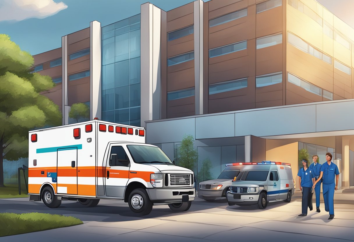 Empresas de Ambulância: Serviços Essenciais e Inovações no Setor 3 Uma ambulância estacionada em frente a um hospital, com paramédicos carregando equipamentos médicos e uma maca.