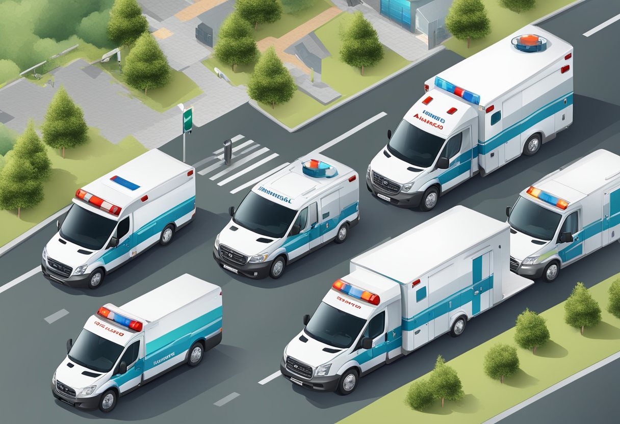 Empresas de Ambulância: Serviços Essenciais e Inovações no Setor 5 A presença de uma empresa de ambulâncias no mercado e nas áreas de operação, com ambulâncias estacionadas em vários locais e um mapa mostrando sua área de cobertura.