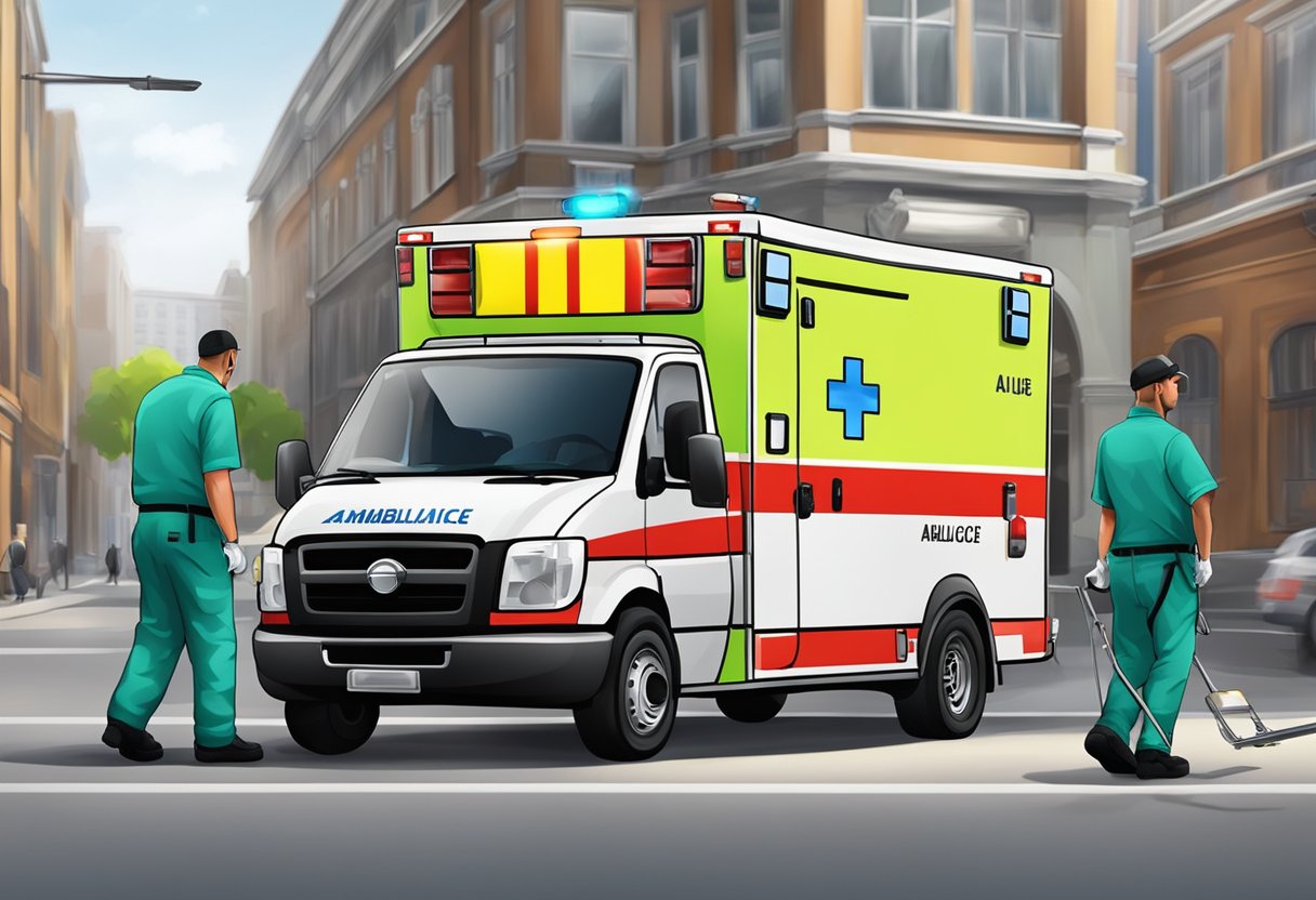 Empresas de Ambulância: Serviços Essenciais e Inovações no Setor 6 Logo de uma empresa de ambulância exibido em um veículo, com paramédicos carregando equipamentos e uma maca na parte de trás.