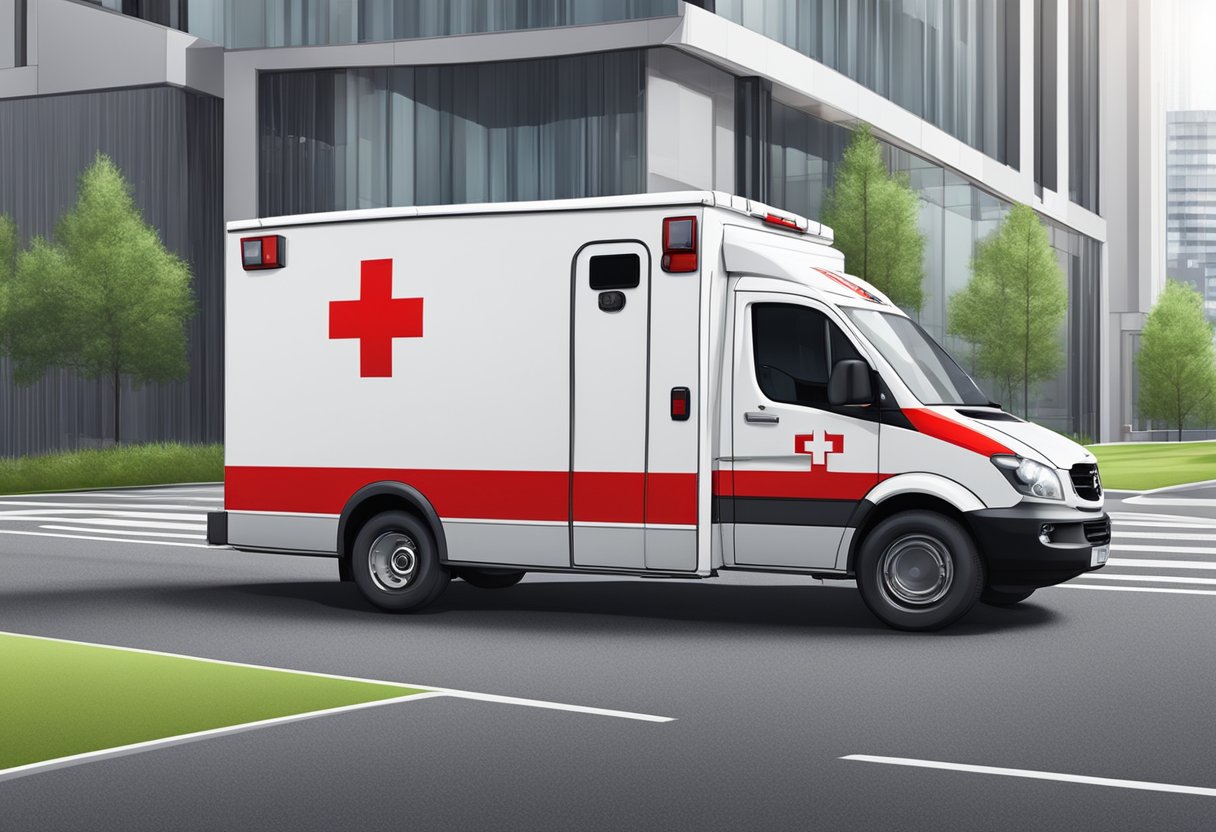 Uma ambulância particular estacionada do lado de fora de um prédio moderno com um símbolo de cruz vermelha na lateral