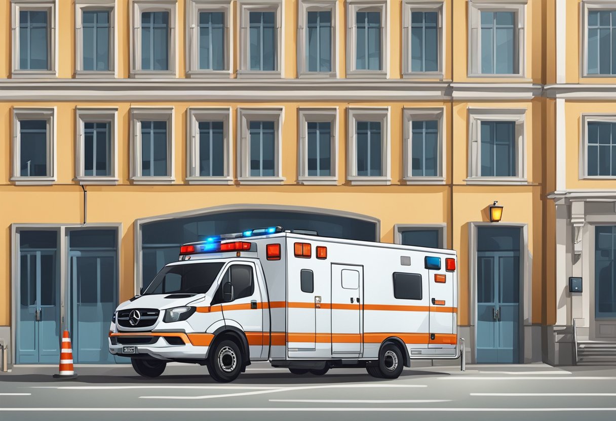 Uma ambulância particular estacionada do lado de fora de um prédio, com suas luzes piscando e os paramédicos preparando equipamentos médicos.