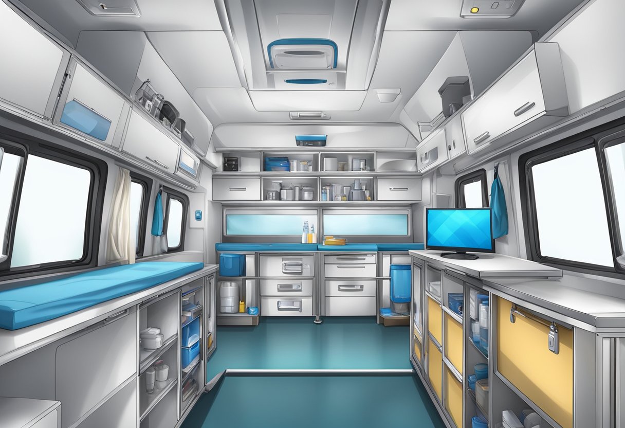 O interior de uma ambulância particular, equipada com materiais e suprimentos médicos.