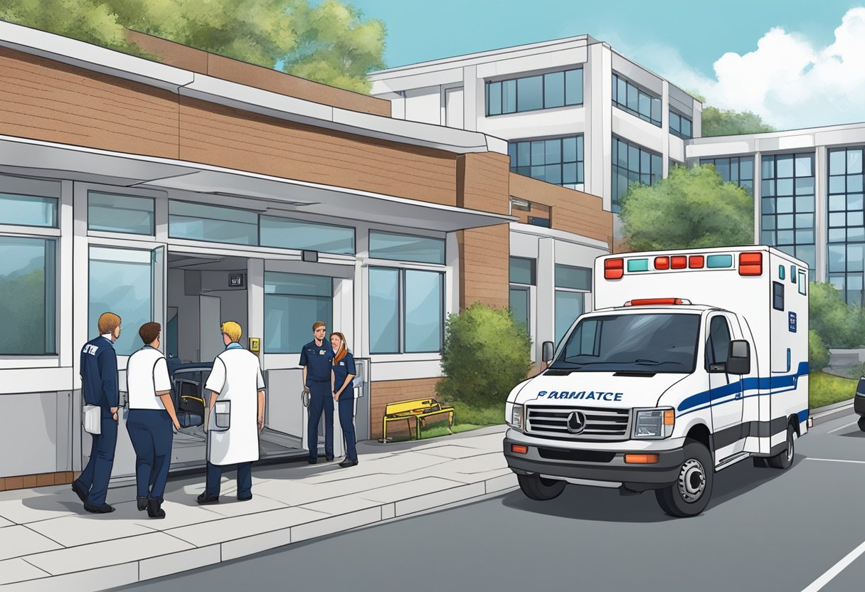 Uma ambulância particular estacionada do lado de fora de um hospital, com paramédicos descarregando equipamentos e discutindo os custos do serviço com um cliente.