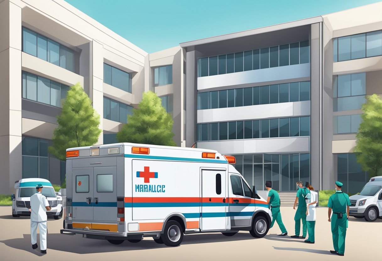 Uma ambulância particular estacionada do lado de fora de um hospital moderno, com paramédicos descarregando equipamentos médicos.