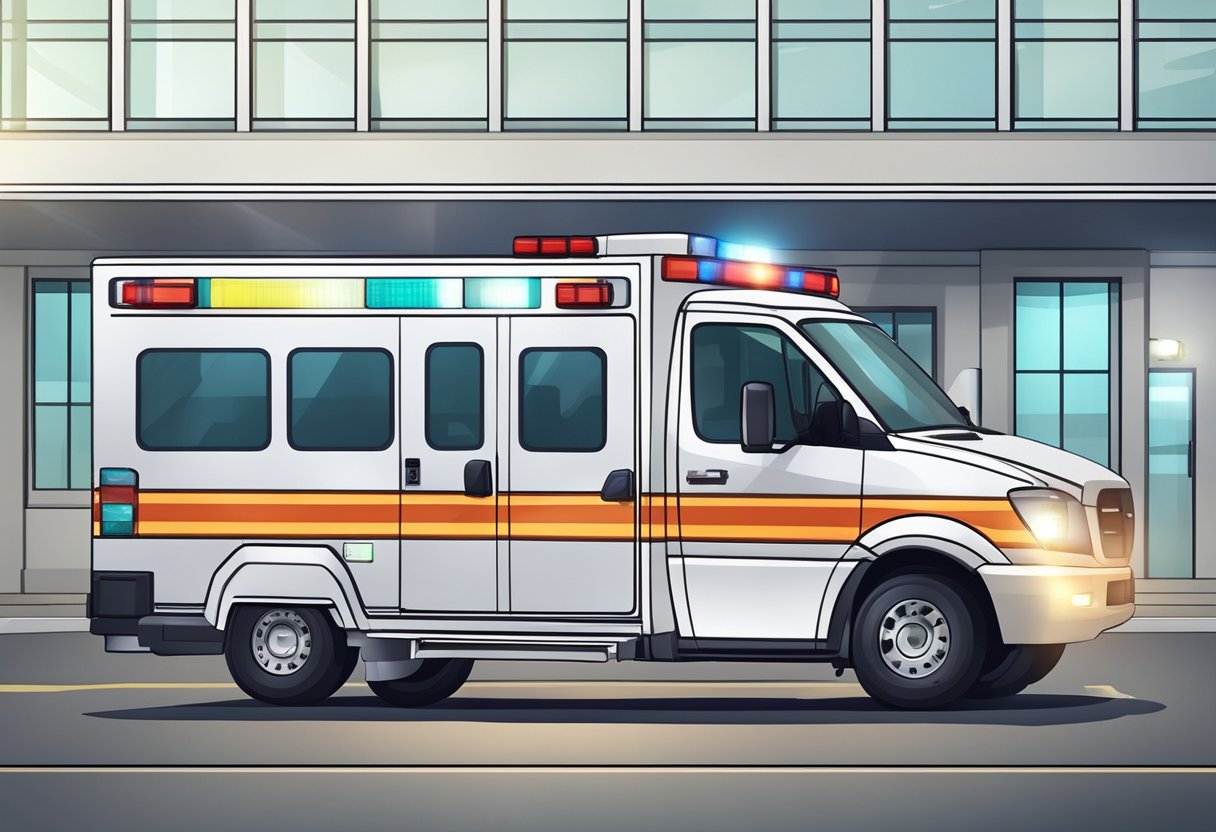 Uma ambulância particular estacionou do lado de fora de uma moderna instalação médica, com luzes de emergência piscando e equipamentos médicos visíveis através das janelas.