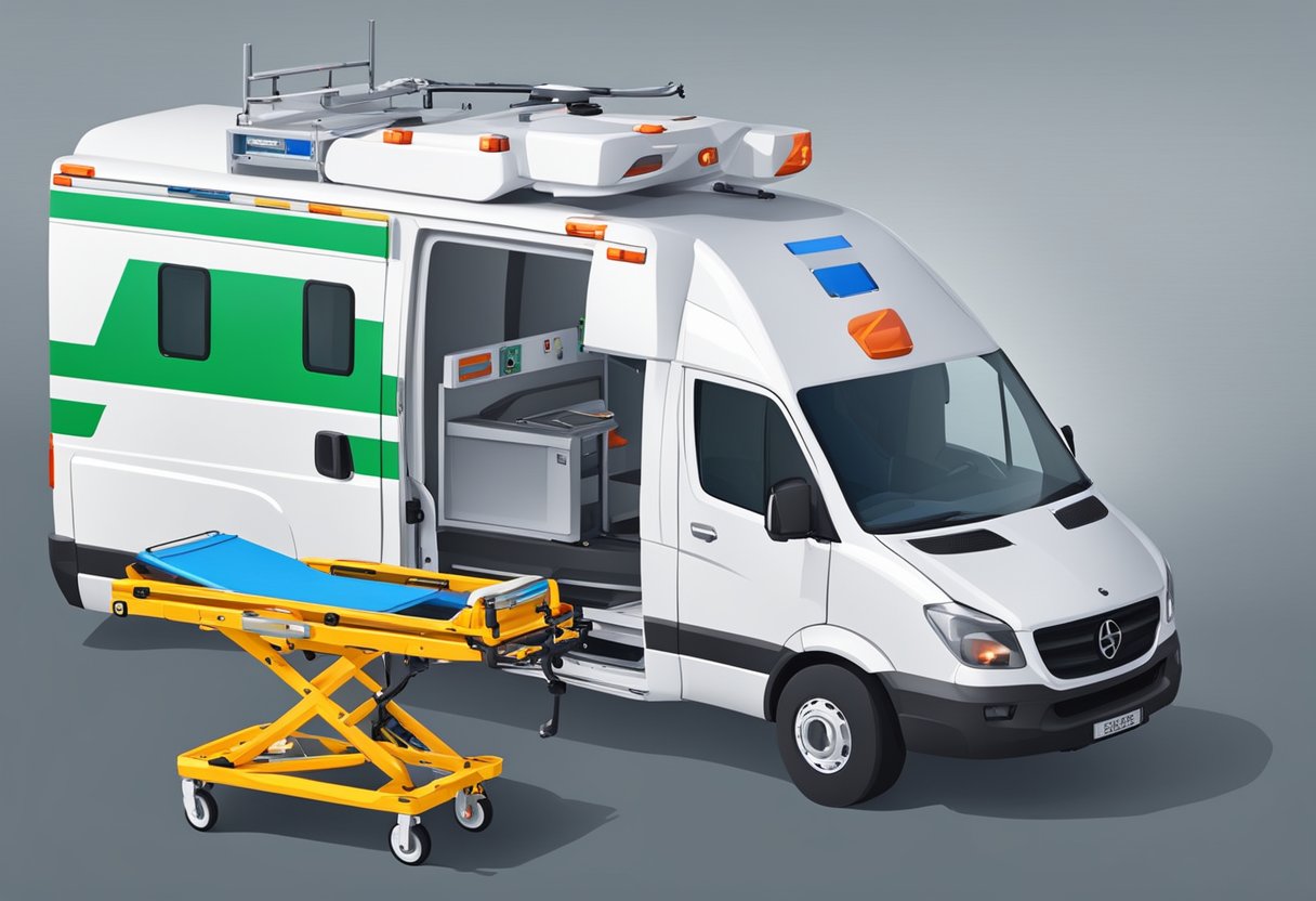 Transporte de Acamados: Guia Essencial para Serviços Seguros 1 Uma van de transporte médico especializada com um elevador hidráulico carregando uma maca de ambulância com equipamentos e suprimentos médicos