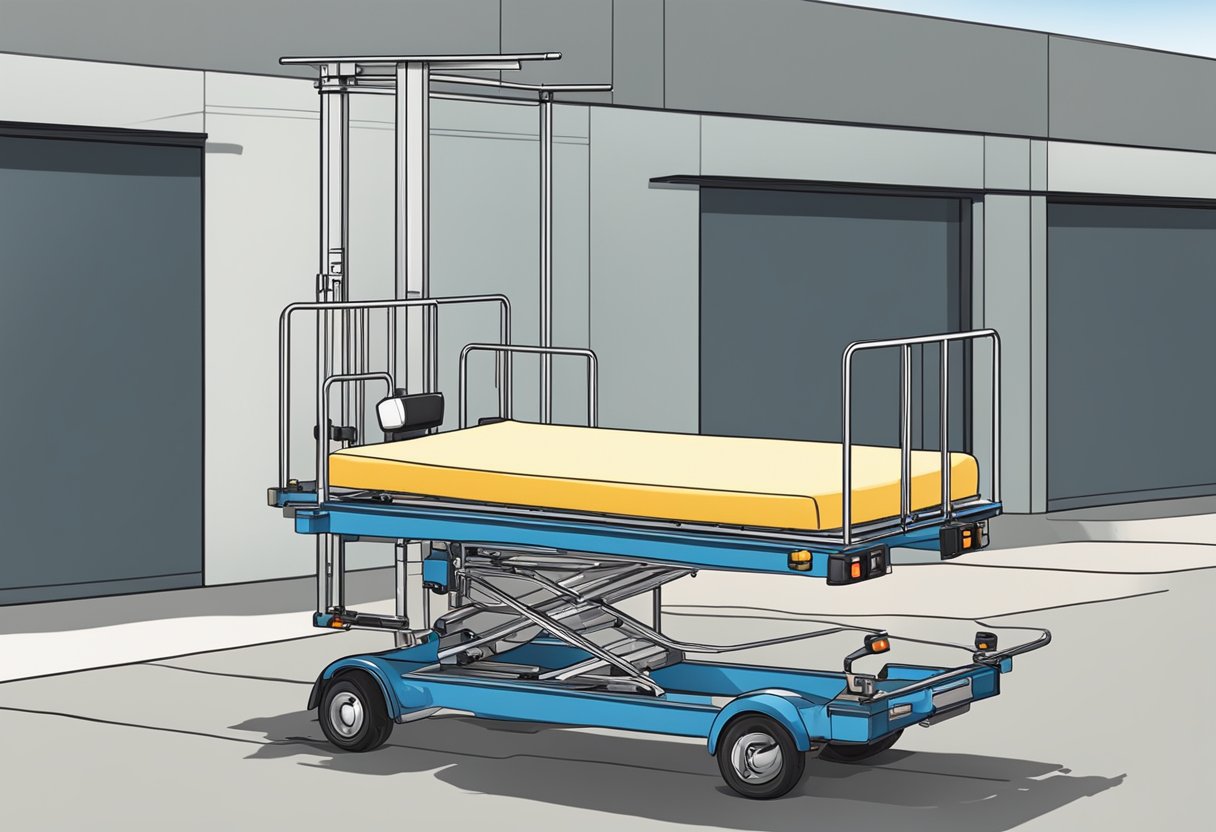 Transporte de Acamados: Guia Essencial para Serviços Seguros 5 Um veículo especialmente equipado com uma plataforma hidráulica transportando um paciente acamado por uma rampa