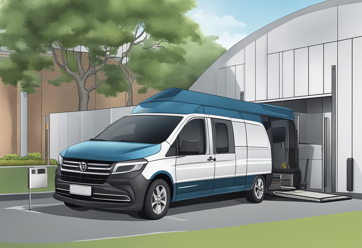 Transporte de Acamados: Guia Essencial para Serviços Seguros 6 Uma van acessível para cadeirantes estacionada do lado de fora de uma instalação médica com uma rampa estendida para carga.