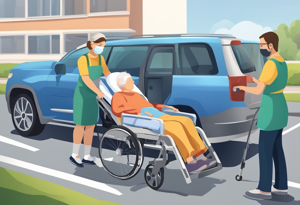 Transporte de Acamados: Guia Essencial para Serviços Seguros 8 Um cuidador auxilia gentilmente um paciente acamado a entrar em um veículo especializado, garantindo seu conforto e segurança durante o transporte.