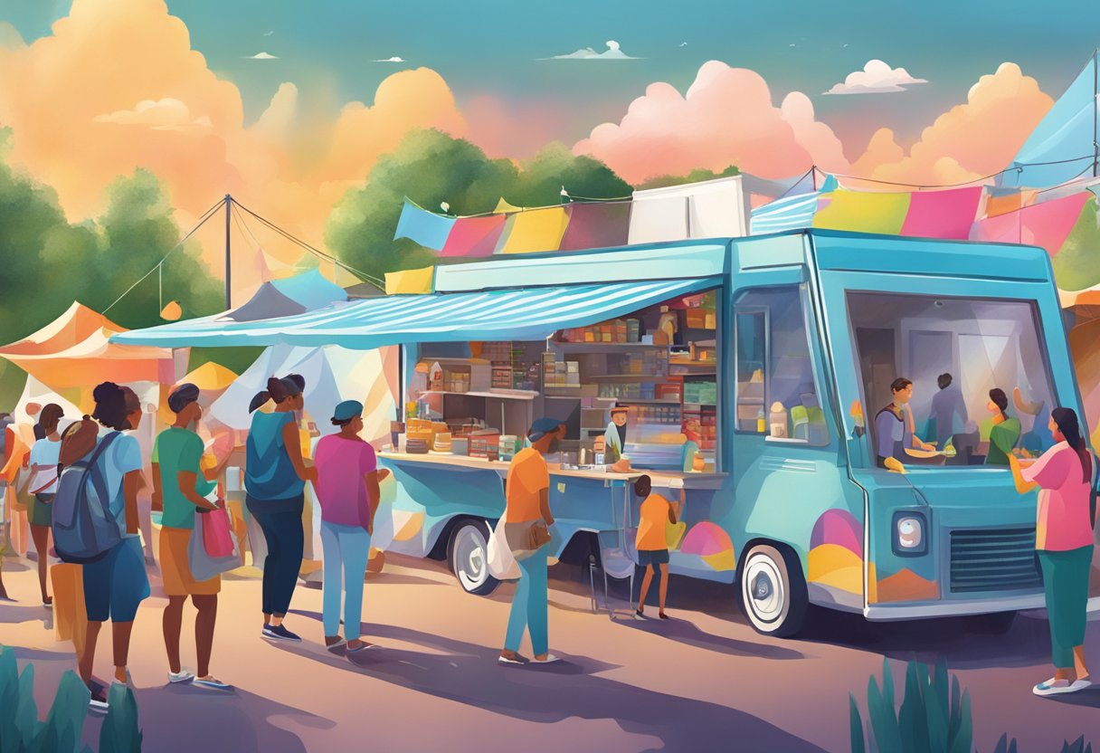 Uma unidade móvel em um evento ao ar livre, cercada por pessoas e vendedores, com uma atmosfera vibrante e vários tipos de atividades acontecendo.